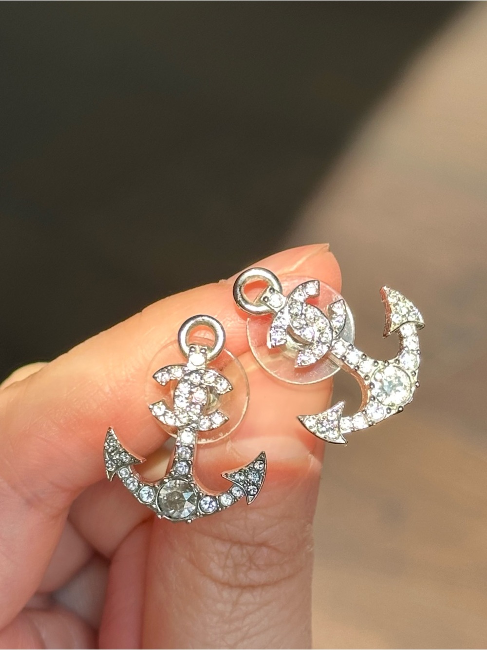Chanel CC Anchor Stud Earrings Crystal Embellished Metal Silver Tone